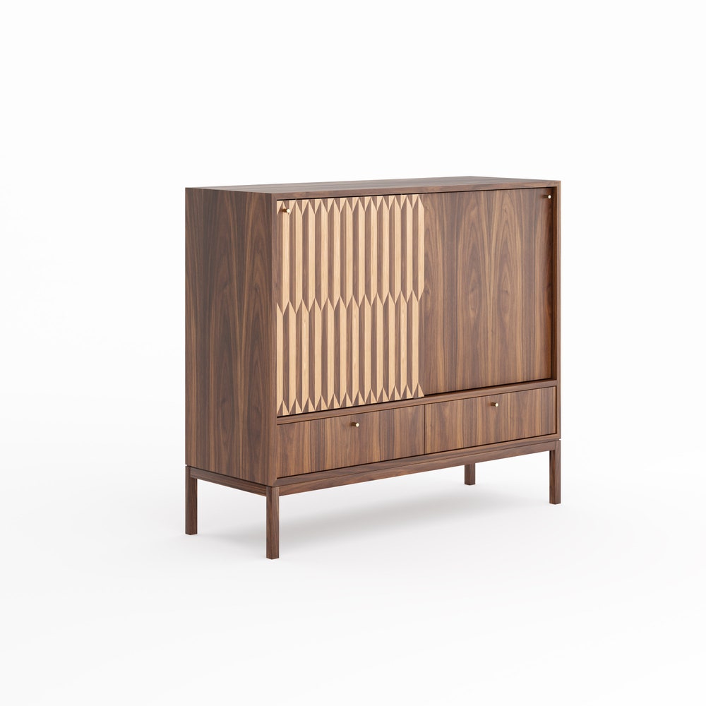 Walnut highboard with two inlaid sliding doors and two drawers in mid century modern style, credenza, dresser, commode, black walnut veneer