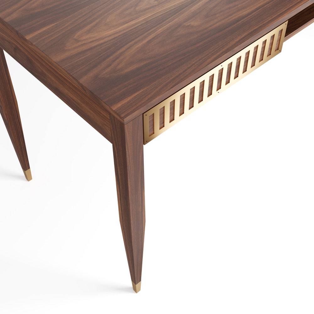 Walnut office desk with two solid walnut drawers and shelf with brass fronts, home office desk, modern, writing desk, solid walnut desk