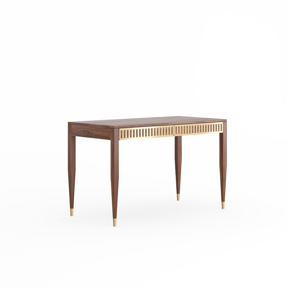 Walnut office desk with two solid walnut drawers with brass fronts, home office desk, modern, writing desk, solid walnut desk, table, bureau
