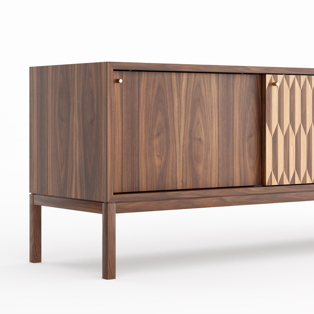Walnut sideboard with three inlaid sliding doors in mid century modern style, credenza, dresser, commode, black walnut and oak veneer inlay