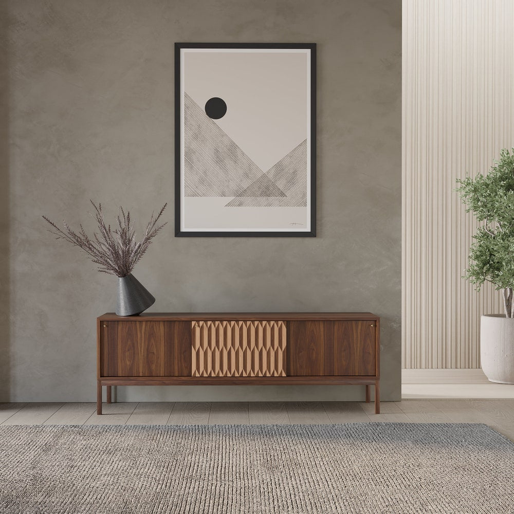 Walnut sideboard with three inlaid sliding doors in mid century modern style, credenza, dresser, commode, black walnut and oak veneer inlay