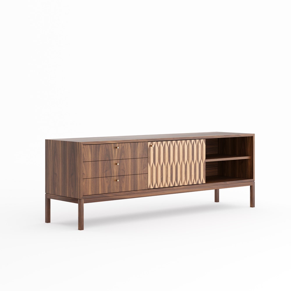 Walnut sideboard, TV stand with three drawers and inlaid door in mid century modern style, credenza, dresser, commode, media cabinet center