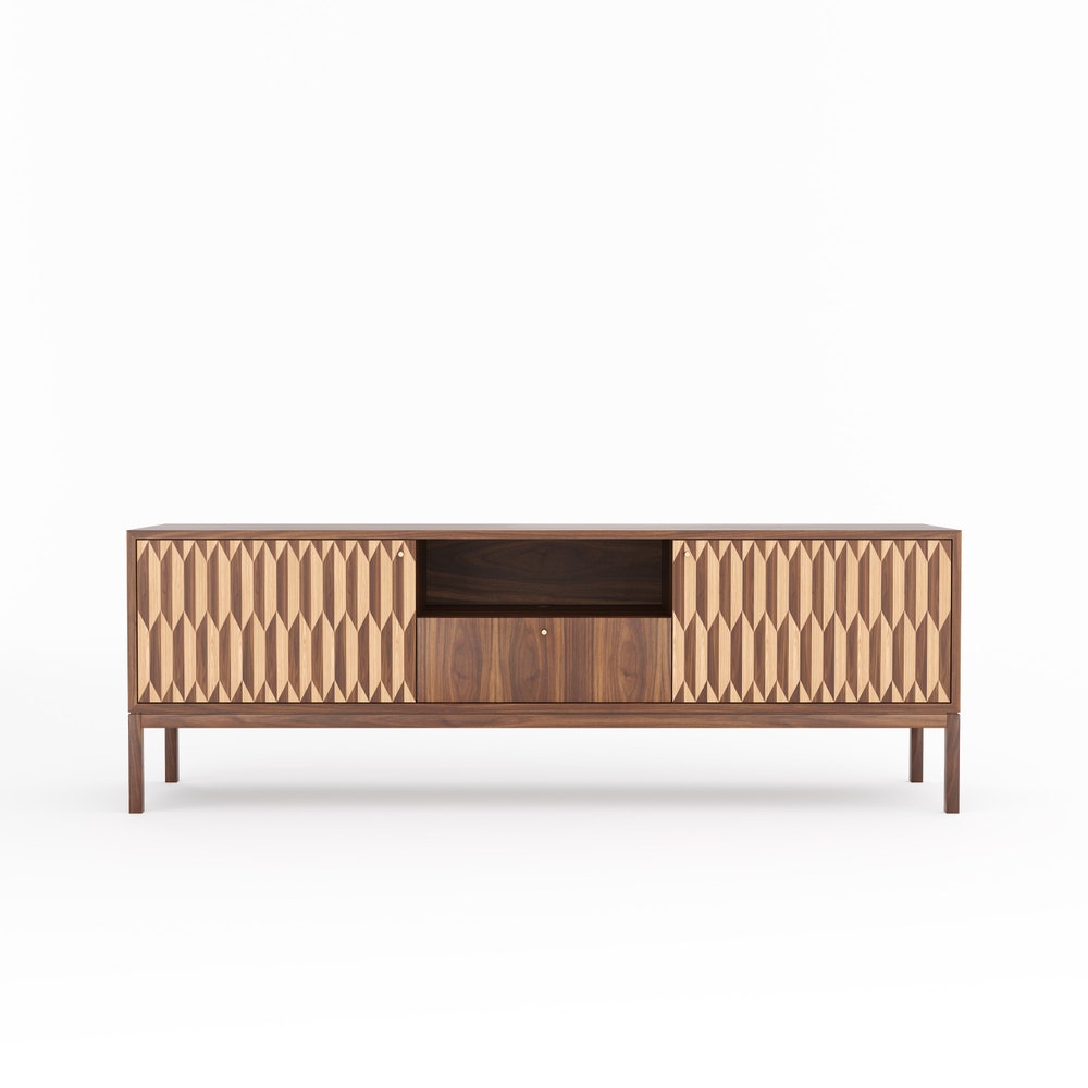 Walnut sideboard, TV stand with two inlaid doors and one drawer in mid century modern style, dresser, commode, media center cabinet