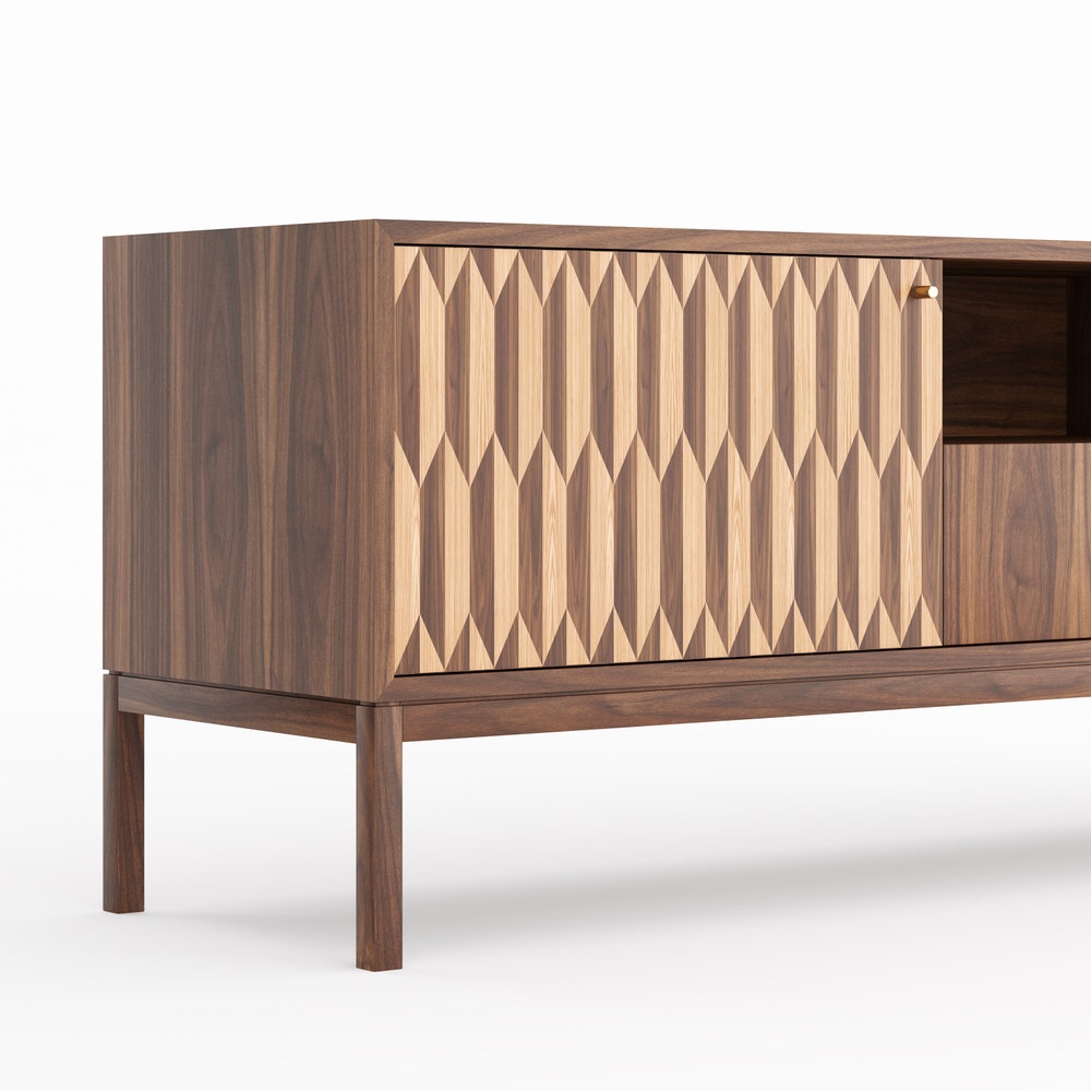Walnut sideboard, TV stand with two inlaid doors and one drawer in mid century modern style, dresser, commode, media center cabinet
