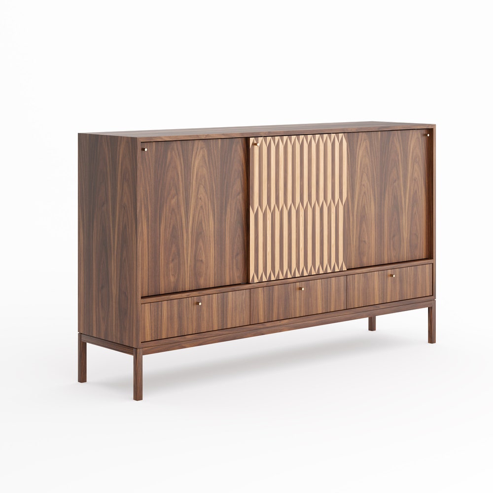 Walnut buffet with inlaid sliding doors and three drawers in mid century modern style, credenza, dresser, commode, sideboard