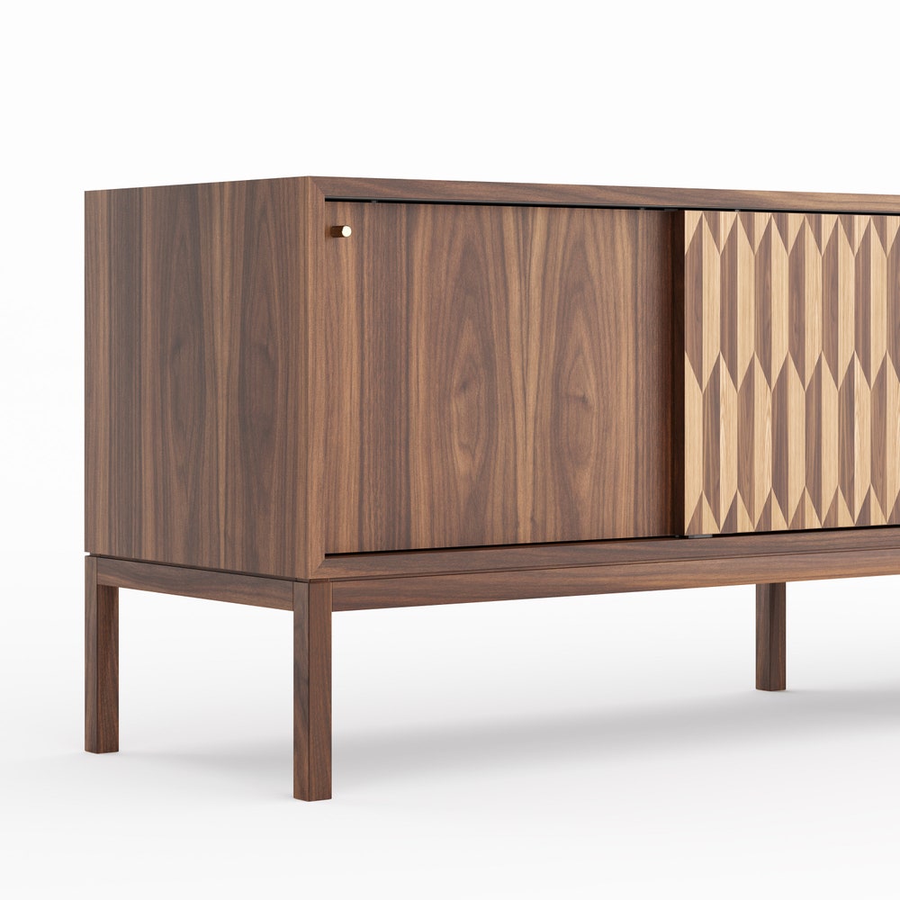 Walnut long sideboard with four inlaid sliding doors in mid century modern style, credenza, dresser, commode, walnut and oak inlay