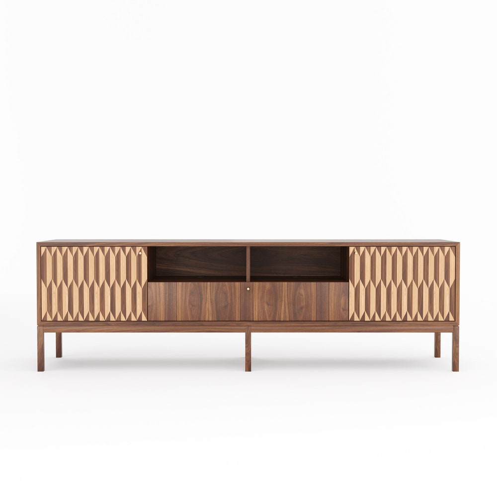 Walnut long sideboard, TV stand with two inlaid doors and one drawer in mid century modern style, credenza, dresser, commode, media cabinet
