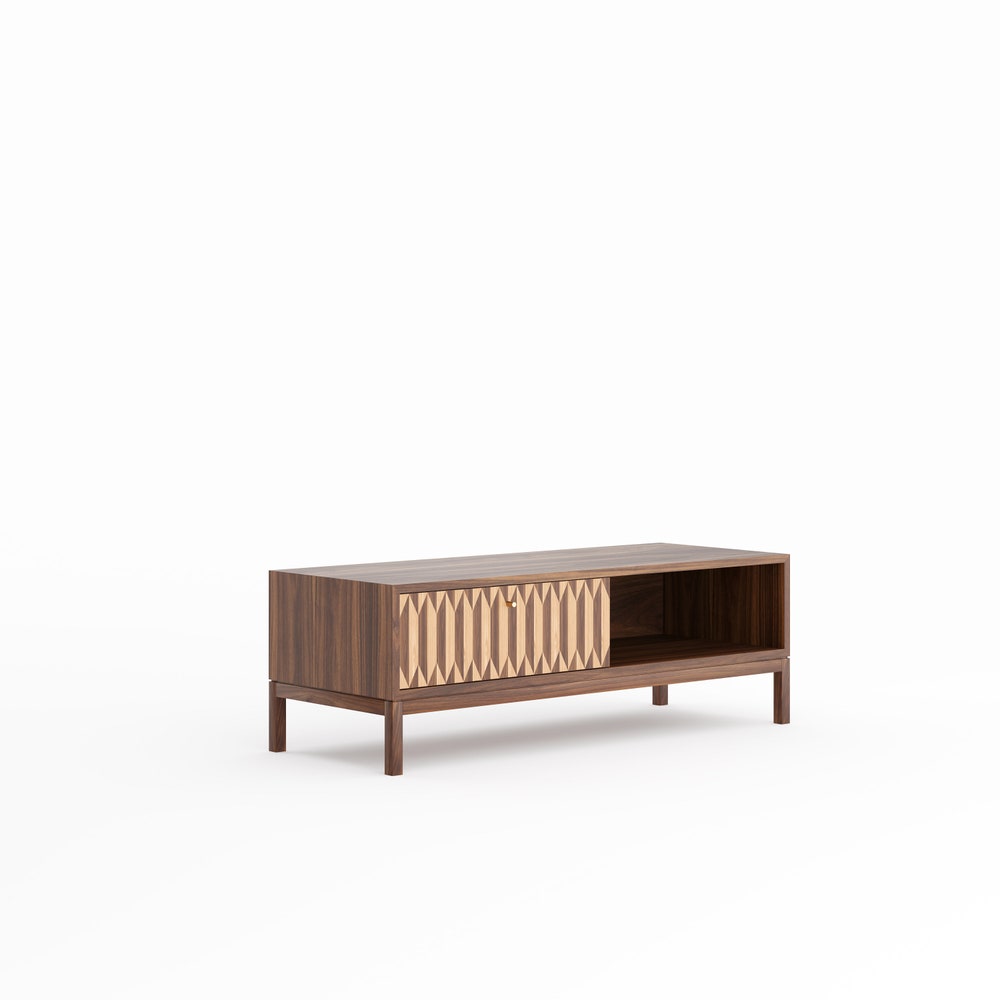 Walnut lowboard, TV stand with one inlaid drawer in mid century modern style, credenza, dresser, commode, media cabinet center