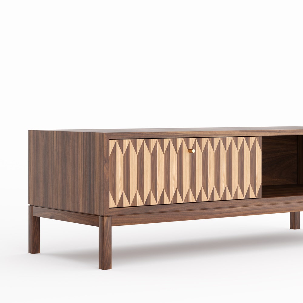 Walnut lowboard, TV stand with one inlaid drawer in mid century modern style, credenza, dresser, commode, media cabinet center
