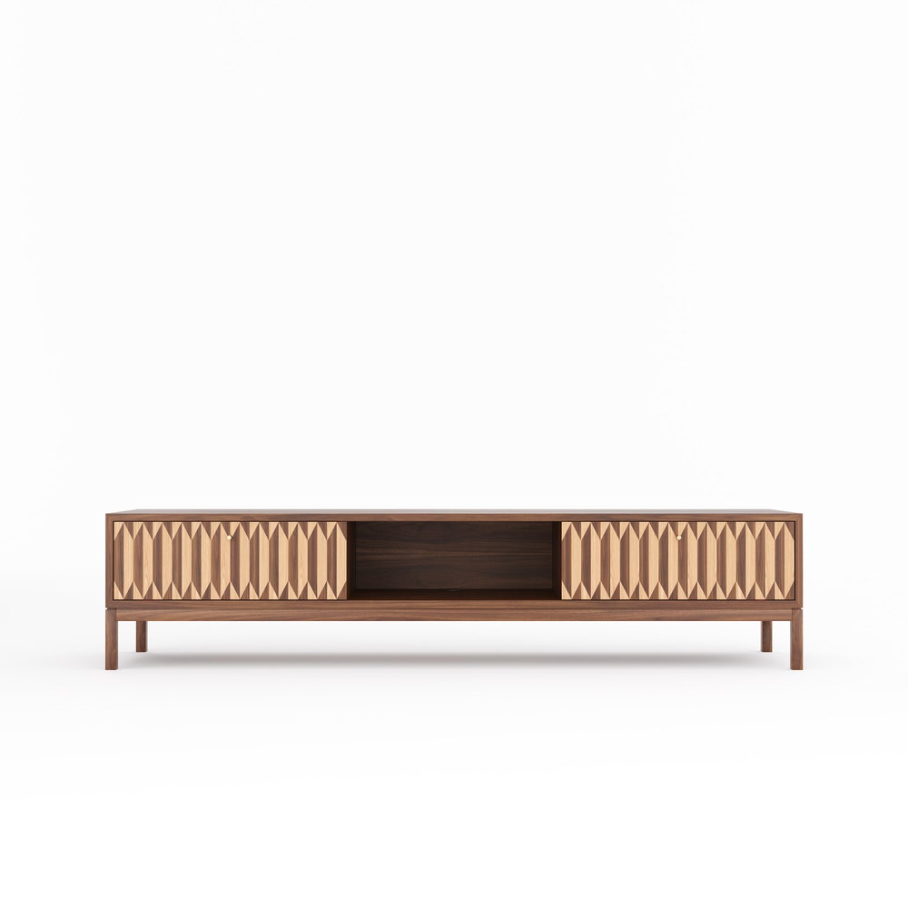 Walnut long lowboard, TV stand with two inlaid drawers in mid century modern style, credenza, dresser, commode, media cabinet center