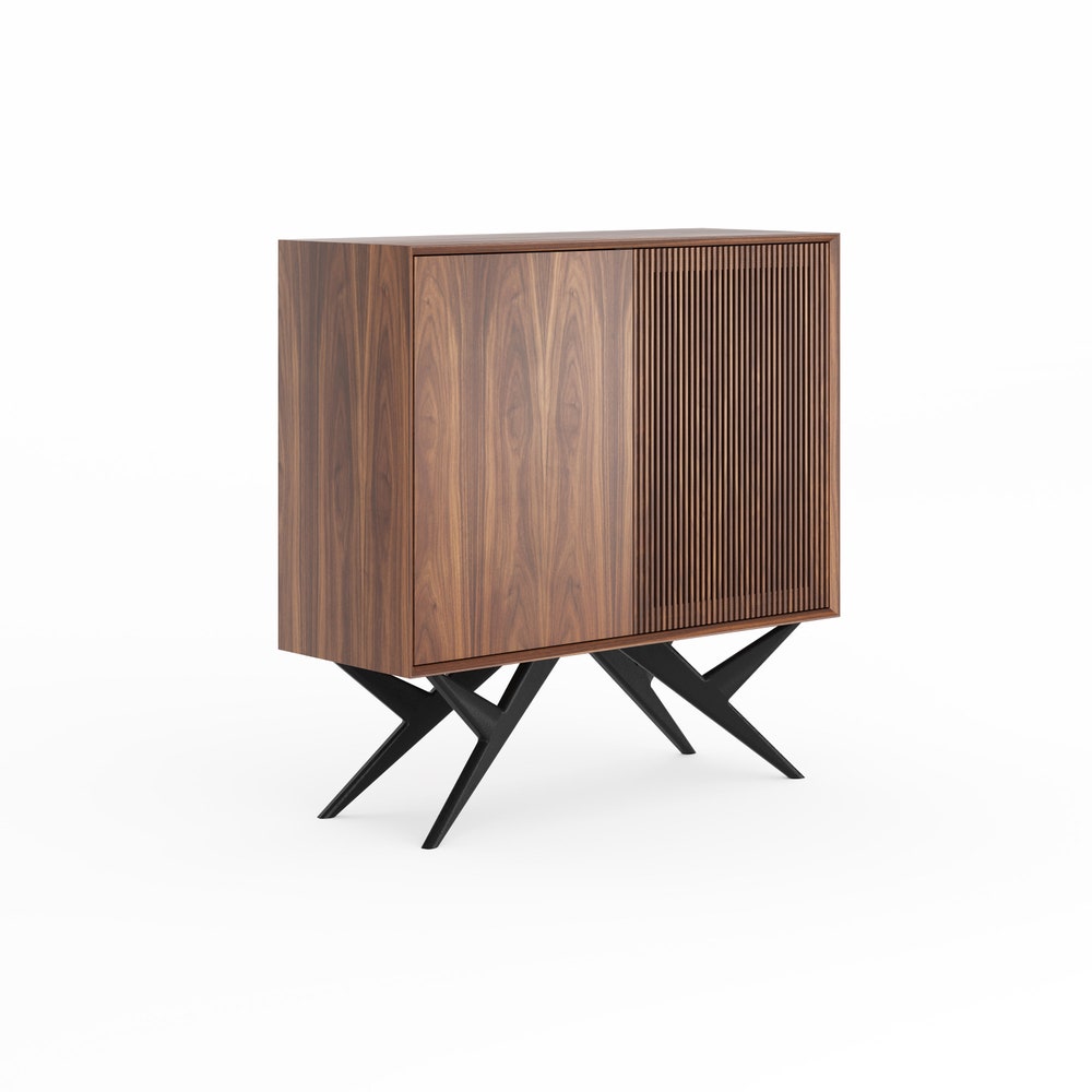 Walnut highboard with two slatted doors and organic shape base in mid century modern style, credenza, dresser, commode, media console