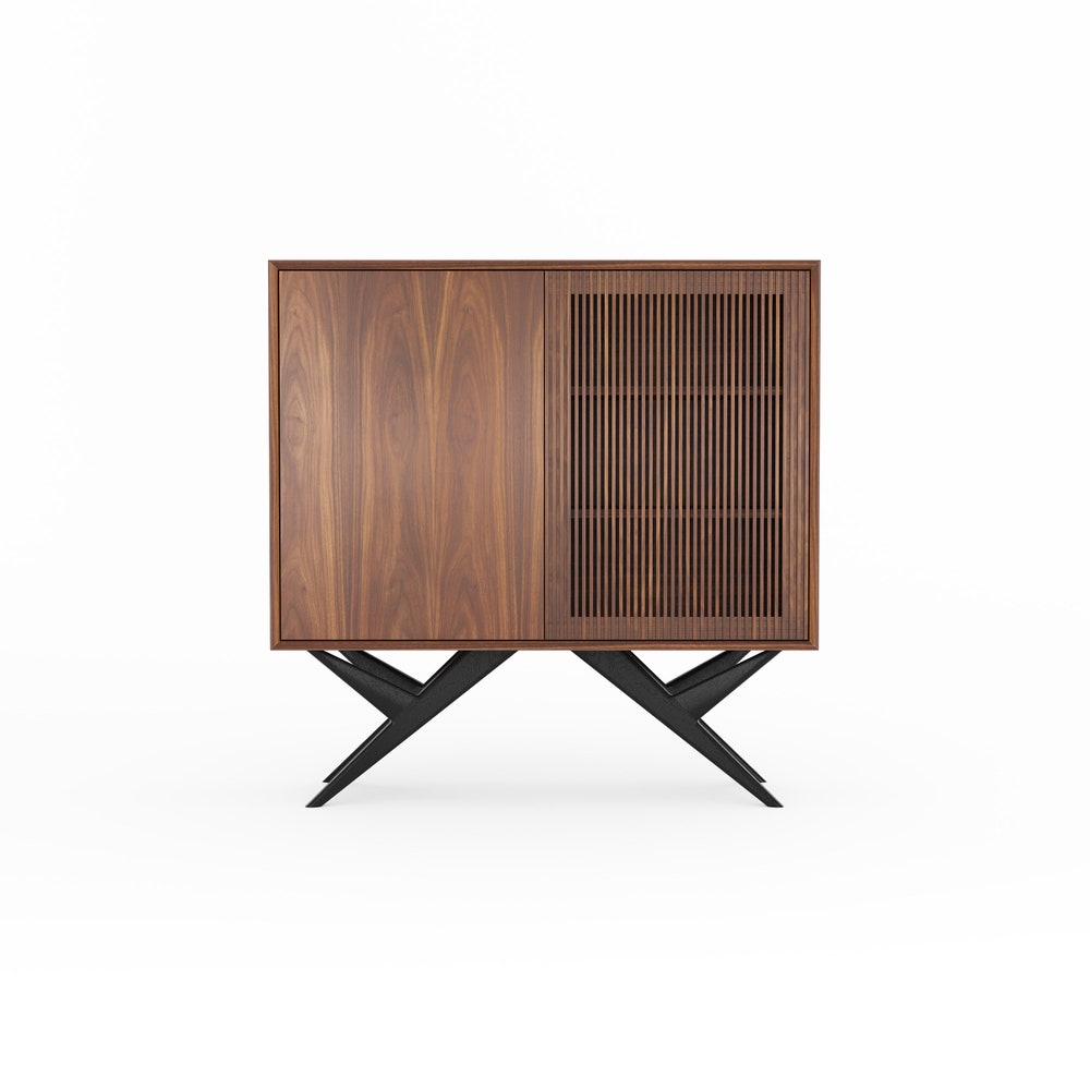 Walnut highboard with two slatted doors and organic shape base in mid century modern style, credenza, dresser, commode, media console