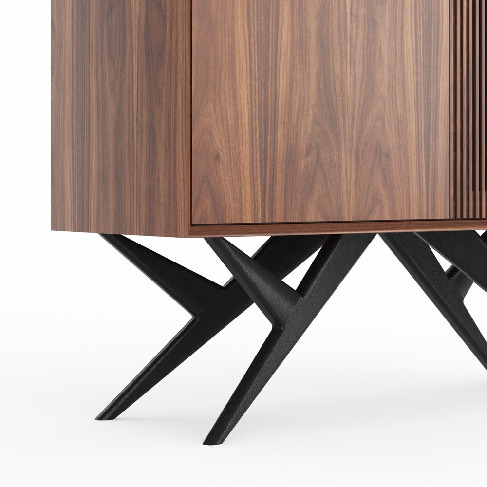 Walnut highboard with two slatted doors and organic shape base in mid century modern style, credenza, dresser, commode, media console