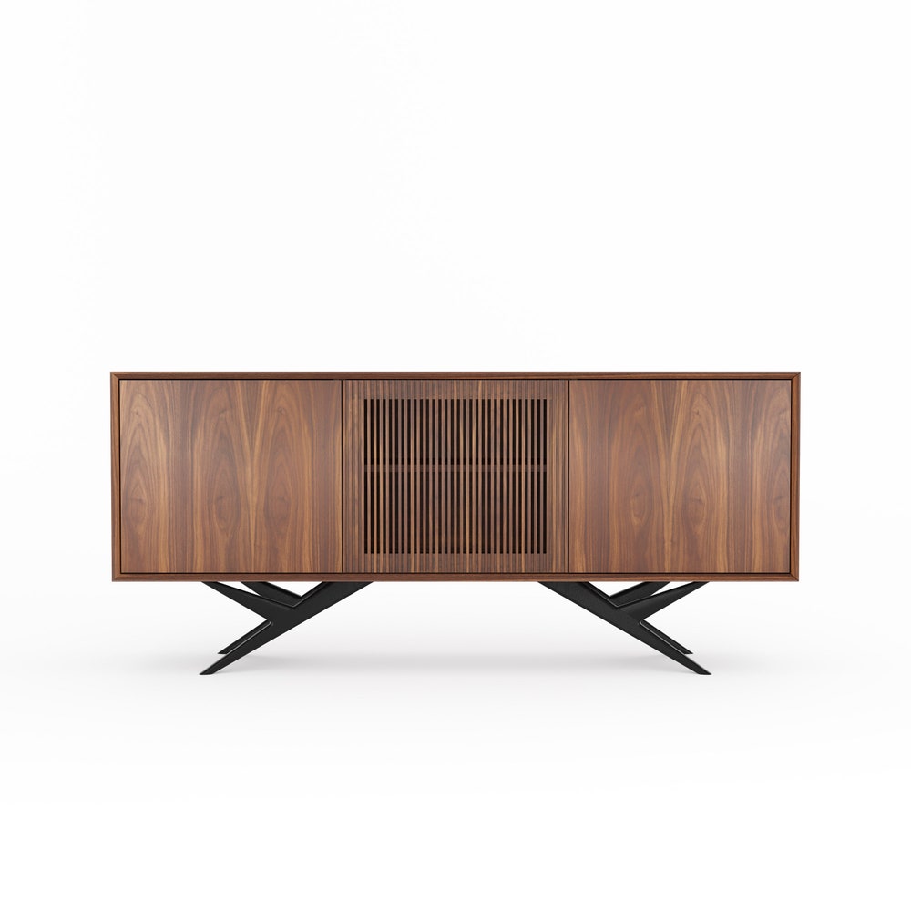 Walnut sideboard with three slatted doors and black organic shape base in mid century modern style, commode, TV stand, walnut buffet