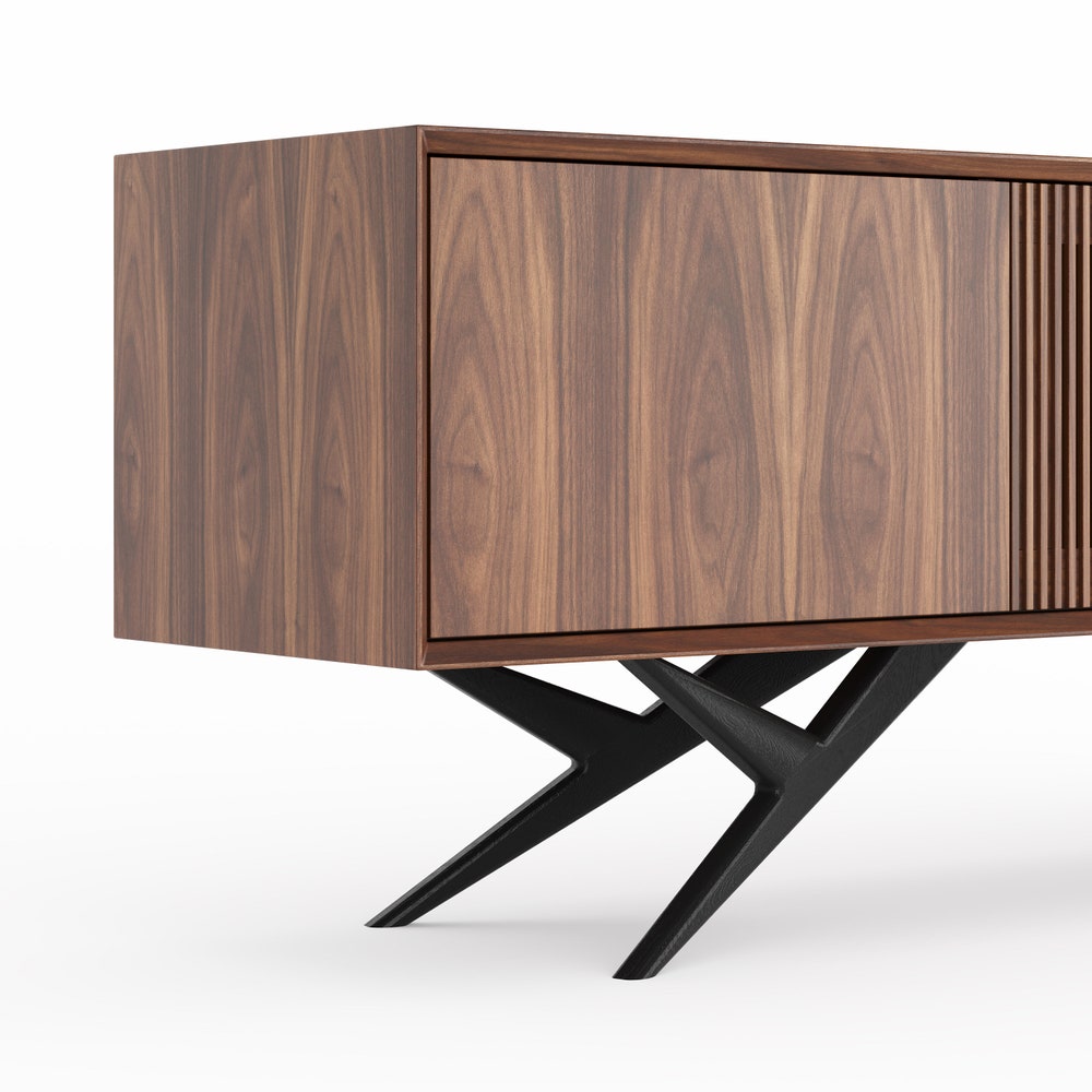 Walnut sideboard with three slatted doors and organic shape base in mid century modern style, credenza, dresser, commode, TV stand, media