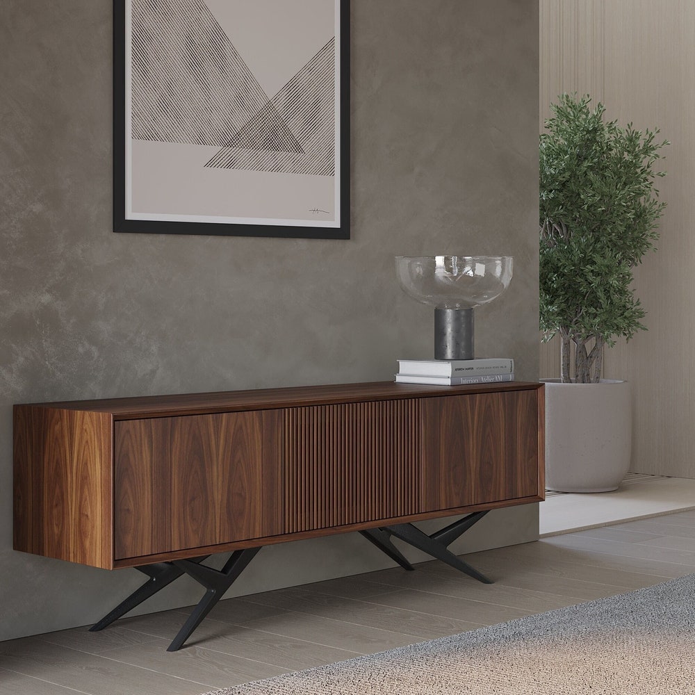 Walnut sideboard with three slatted doors and organic shape base in mid century modern style, credenza, dresser, commode, TV stand, media