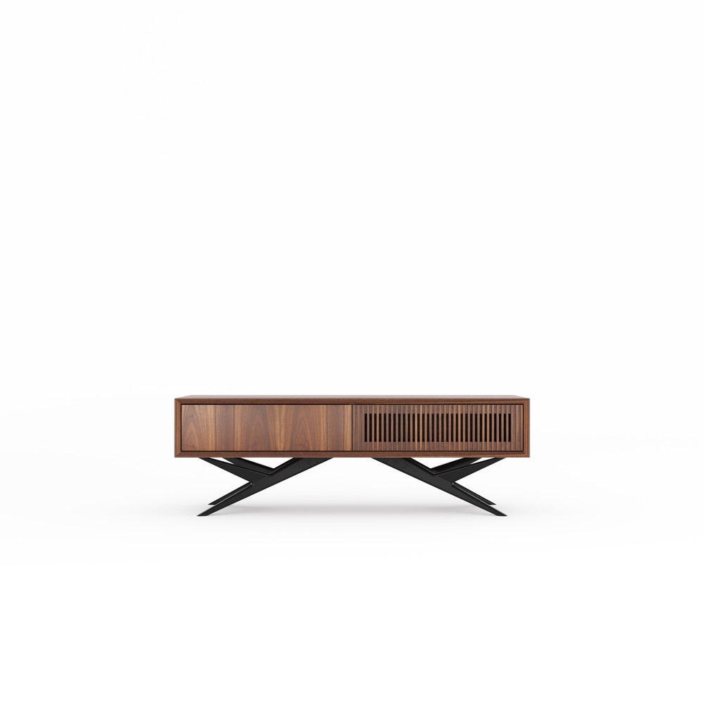 Walnut small lowboard, TV stand with slatted door one drawer and organic shape base in mid century modern style, dresser, media console