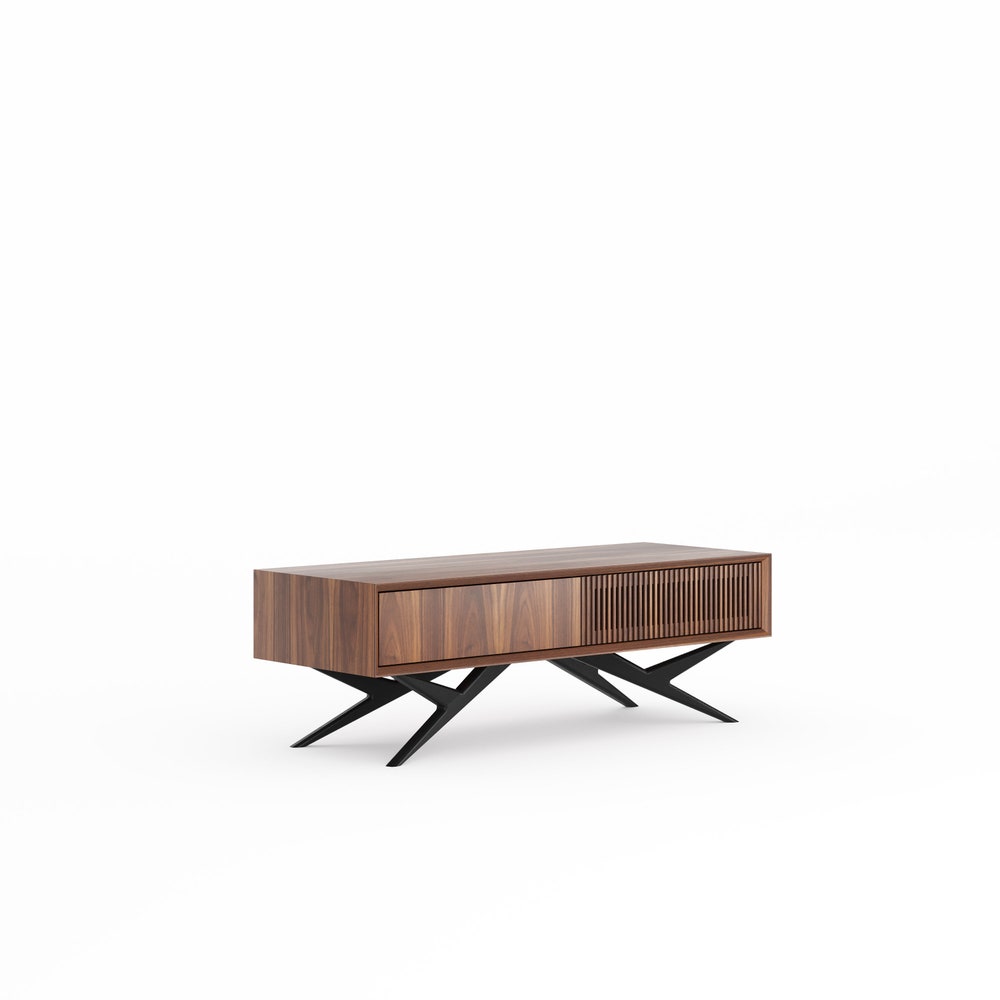 Walnut small lowboard, TV stand with slatted door one drawer and organic shape base in mid century modern style, dresser, media console