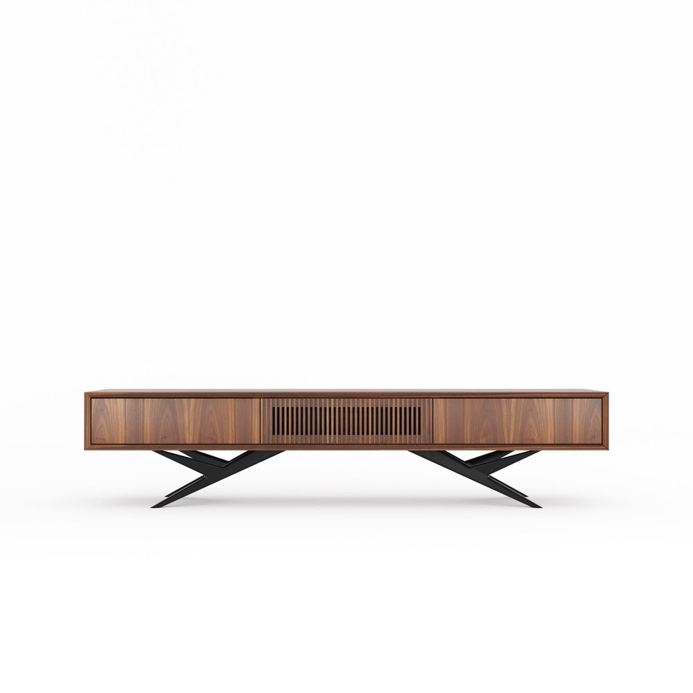 Walnut long tv stand with slatted door, two drawers and organic shape base in mid century modern style, oak lowboard, media console center
