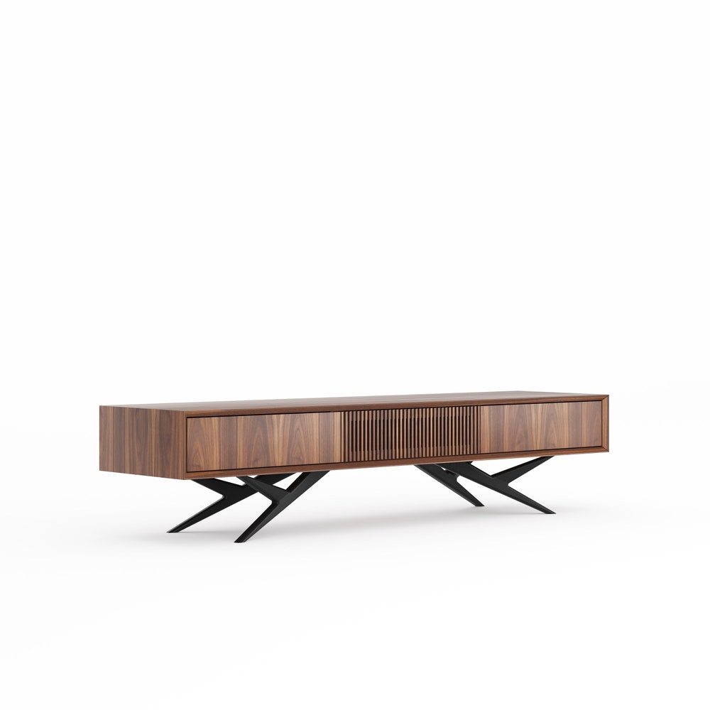 Walnut long tv stand with slatted door, two drawers and organic shape base in mid century modern style, oak lowboard, media console center