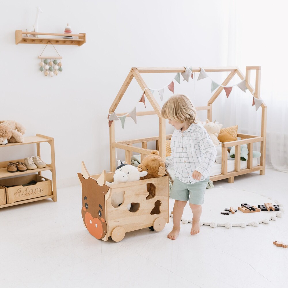 Toys Storage Box with wheels, Toddler Nursery Decor, Montessori furniture, Kids playroom, Toy Chest on Casters, Baby First Christmas gift