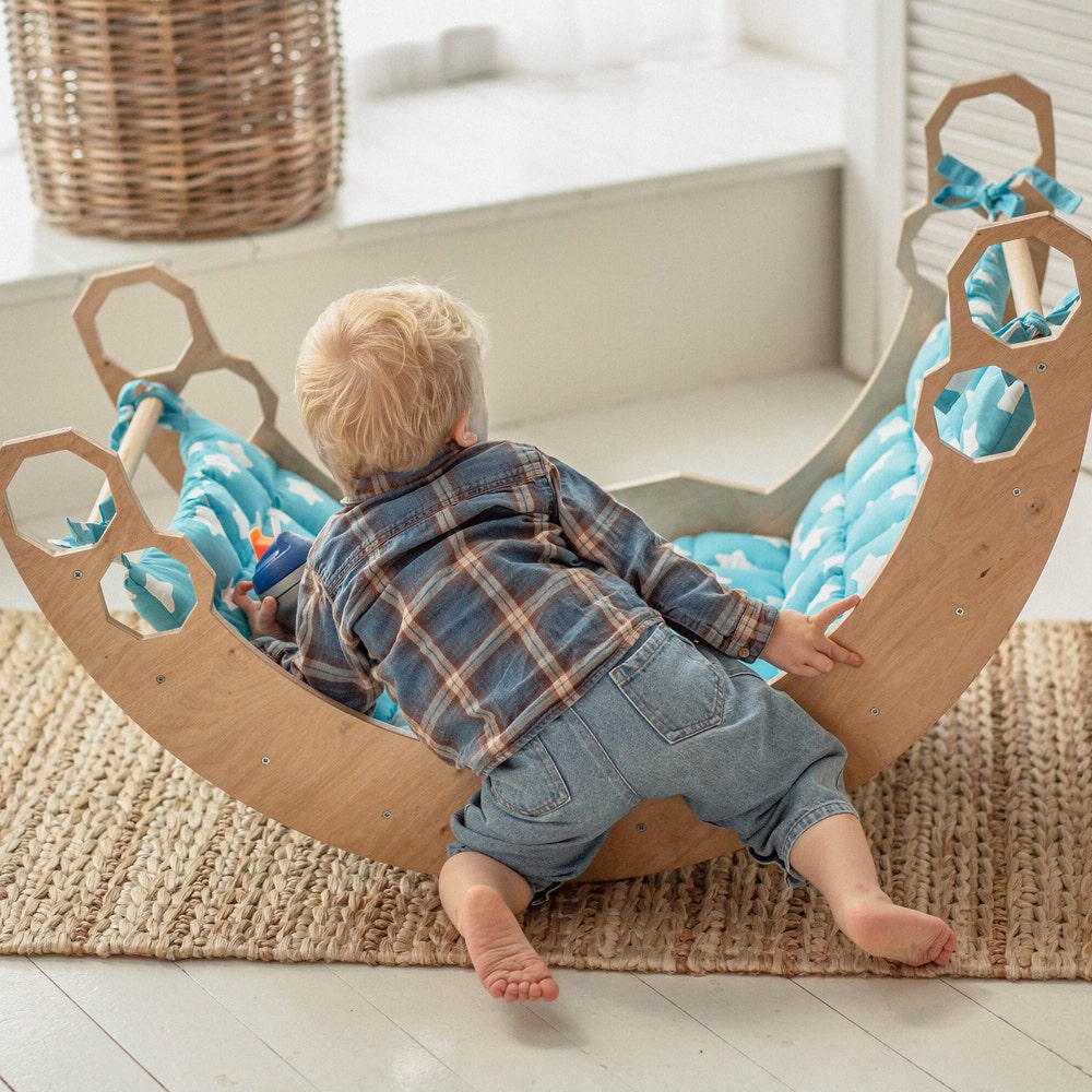 Climbing Arch with Pillow, Baby standing walking toys, Montessori furniture, Toddler First christmas gift, Wooden baby gym Montessori rocker