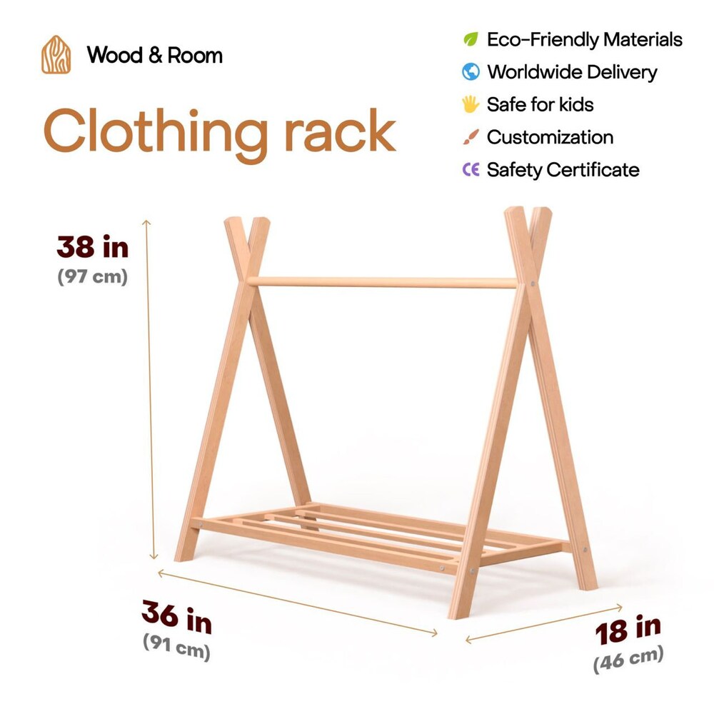 Wooden Clothing Rack with Shelves and Hangers, born Baby Wardrobe, Teepees for kids, Montessori furniture, Nursery Infant Dress Hanger