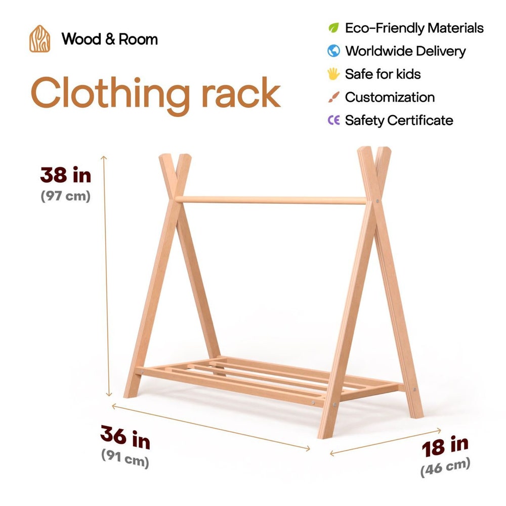Wooden Clothing Rack with Shelves and Hangers, born Baby Wardrobe, Teepees for kids, Montessori furniture, Nursery Infant Dress Hanger