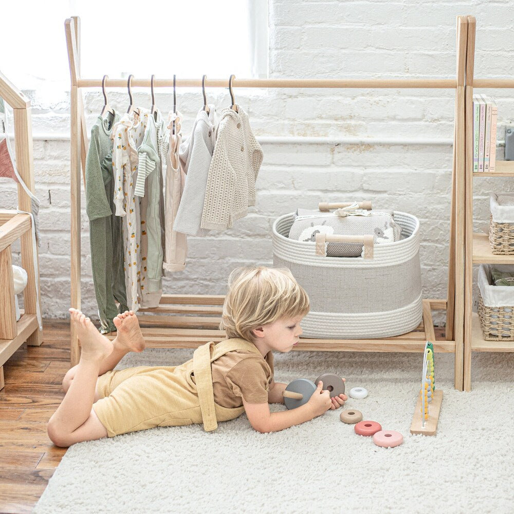 Wooden Clothing Rack with Shelves and Hangers, born Baby Wardrobe, Teepees for kids, Montessori furniture, Nursery Infant Dress Hanger