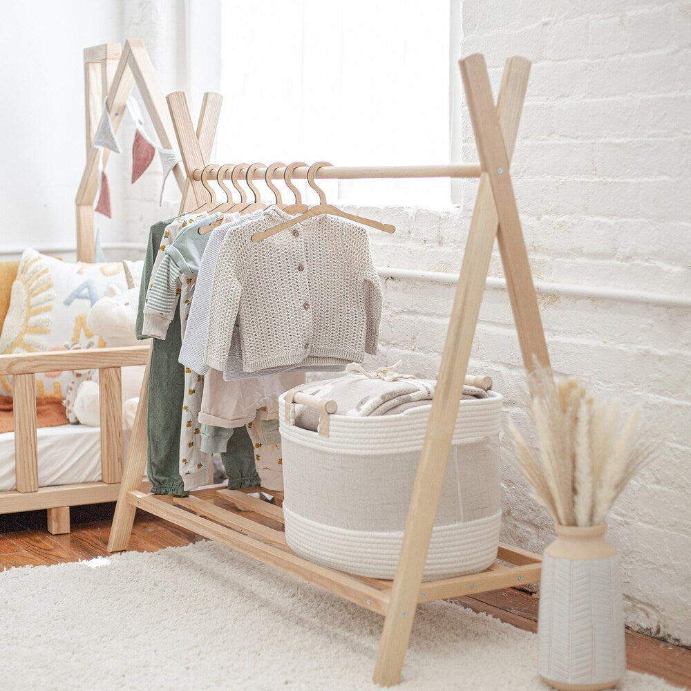 Wooden Clothing Rack with Shelves and Hangers, born Baby Wardrobe, Teepees for kids, Montessori furniture, Nursery Infant Dress Hanger