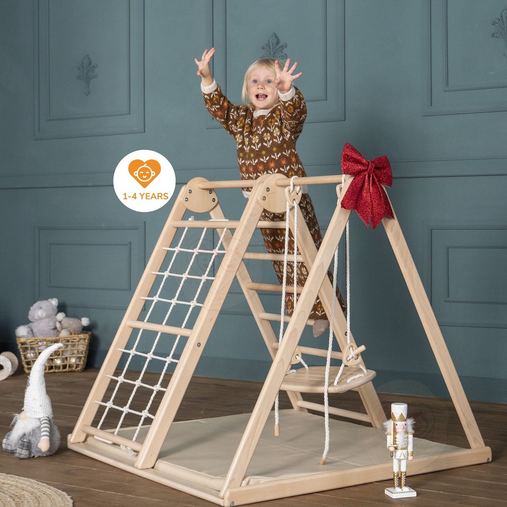 41х37″ Up to 4 Years  Montessori Climbing Small Triangle, Baby Play Mat, Waldorf Climbing Toy, Rope Swings, Baby Mobile, Indoor Play Gym