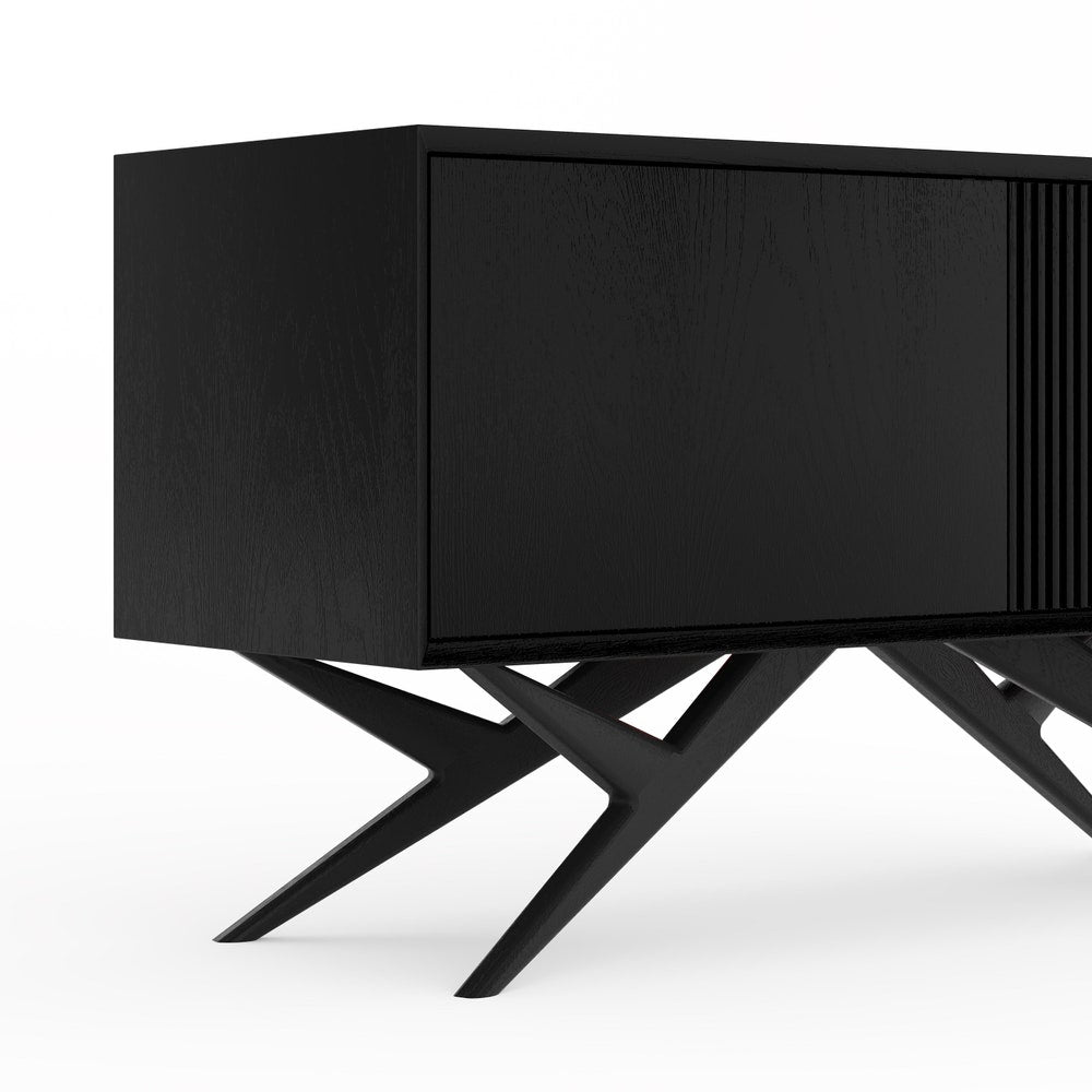 Black oak small cabinet with two slatted doors and organic shape base in mid century modern style, credenza, dresser, commode, TV stand