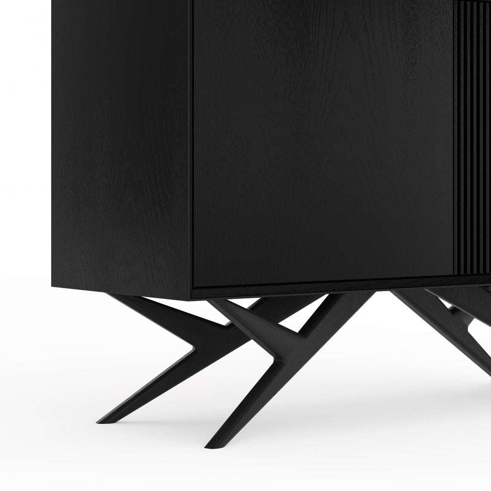 Black oak small cabinet with two slatted doors and organic shape base in mid century modern style, credenza, dresser, commode, TV stand