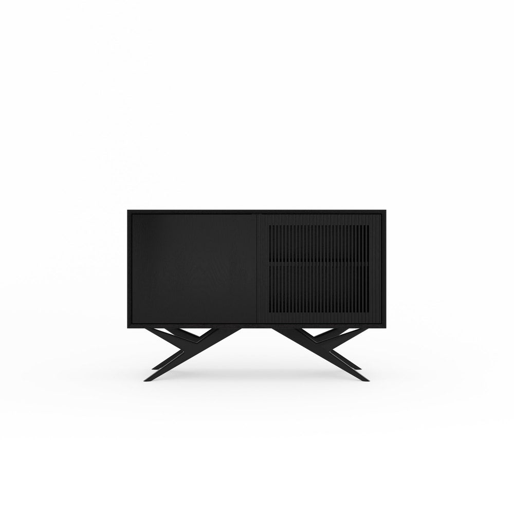 Black oak cabinet dresser with two slatted doors and organic shape base in mid century modern style, media console, TV stand, vinyl stand