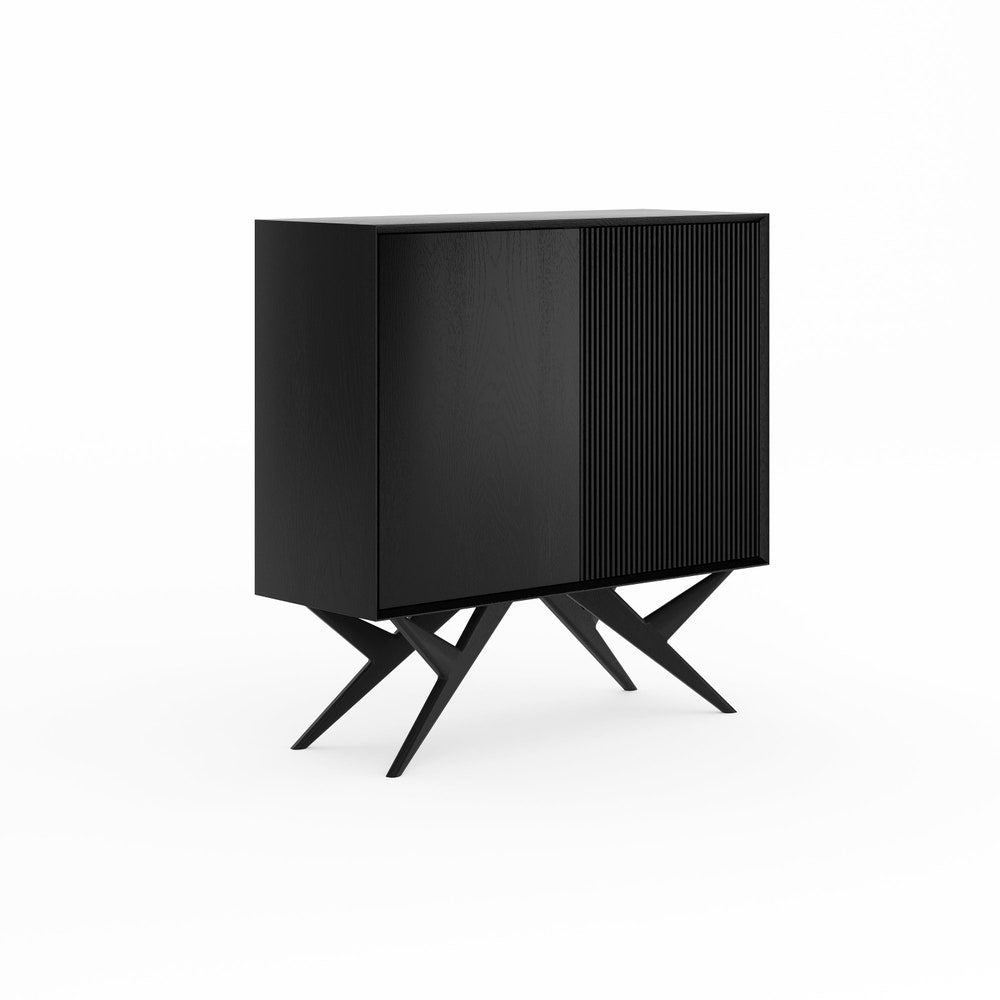 Black oak highboard with two slatted doors and organic shape base in mid century modern style, dresser, commode, media cabinet console