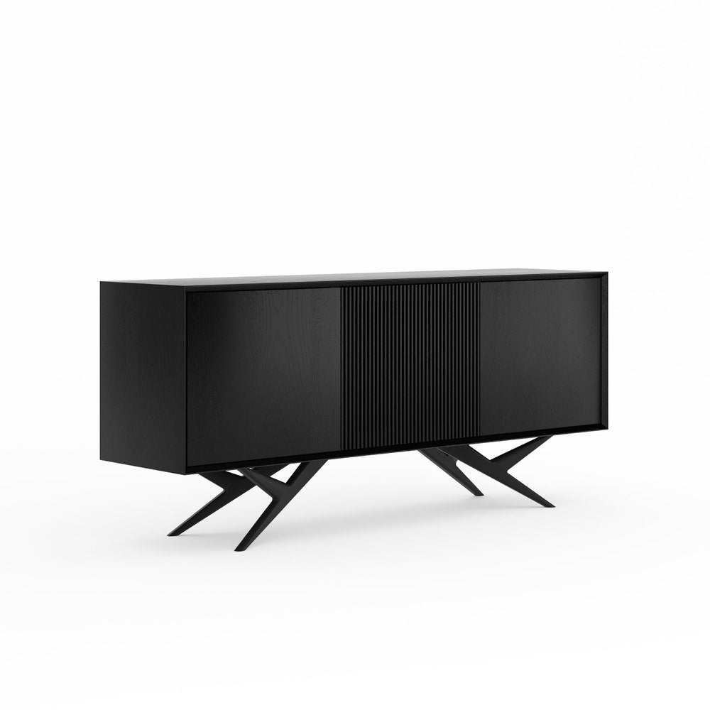 Black oak sideboard with three slatted doors and organic shape base in mid century modern style, commode, TV stand, record player stand