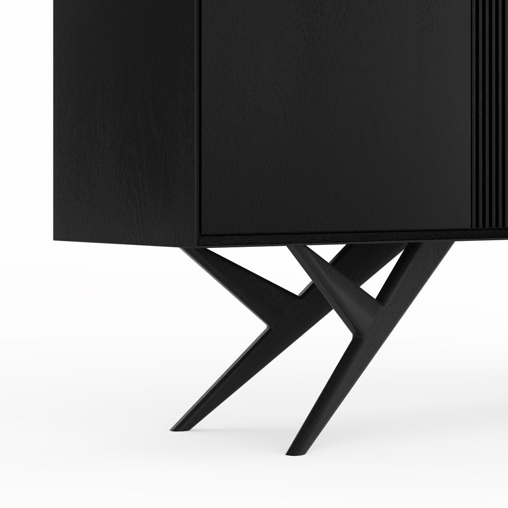 Black oak highboard with three slatted doors and organic shape base in mid century modern style, credenza, dresser, media cabinet console