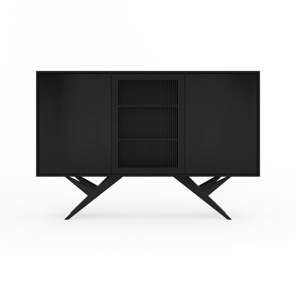 Black oak highboard with three slatted doors and organic shape base in mid century modern style, credenza, dresser, media cabinet console