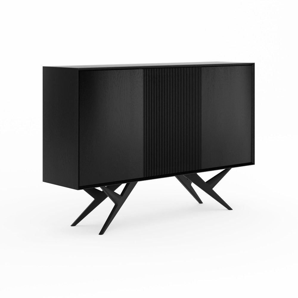 Black oak highboard with three slatted doors and organic shape base in mid century modern style, credenza, dresser, media cabinet console