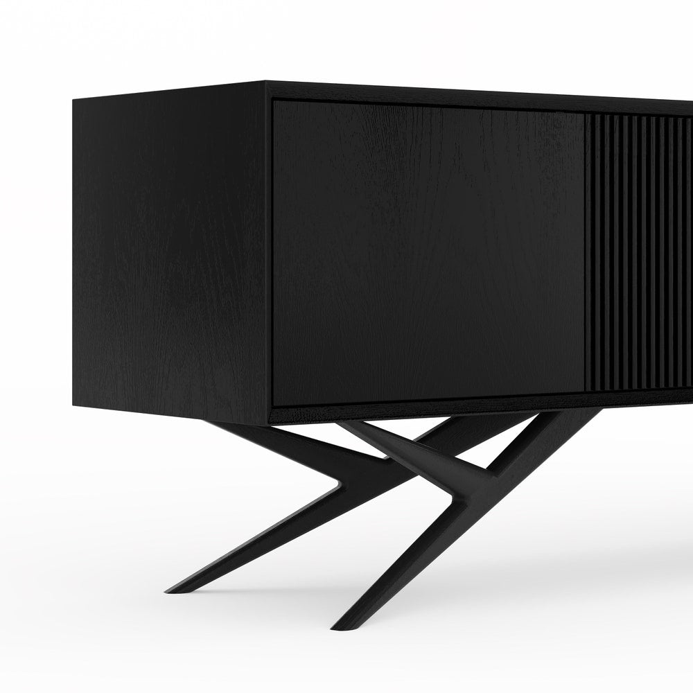 Black oak long sideboard with four slatted doors and organic shape base in mid century modern style, commode, TV stand, black media console