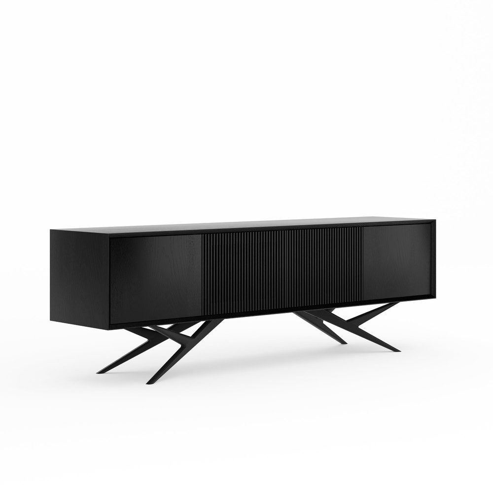 Black oak long sideboard with four slatted doors and organic shape base in mid century modern style, commode, TV stand, black media console