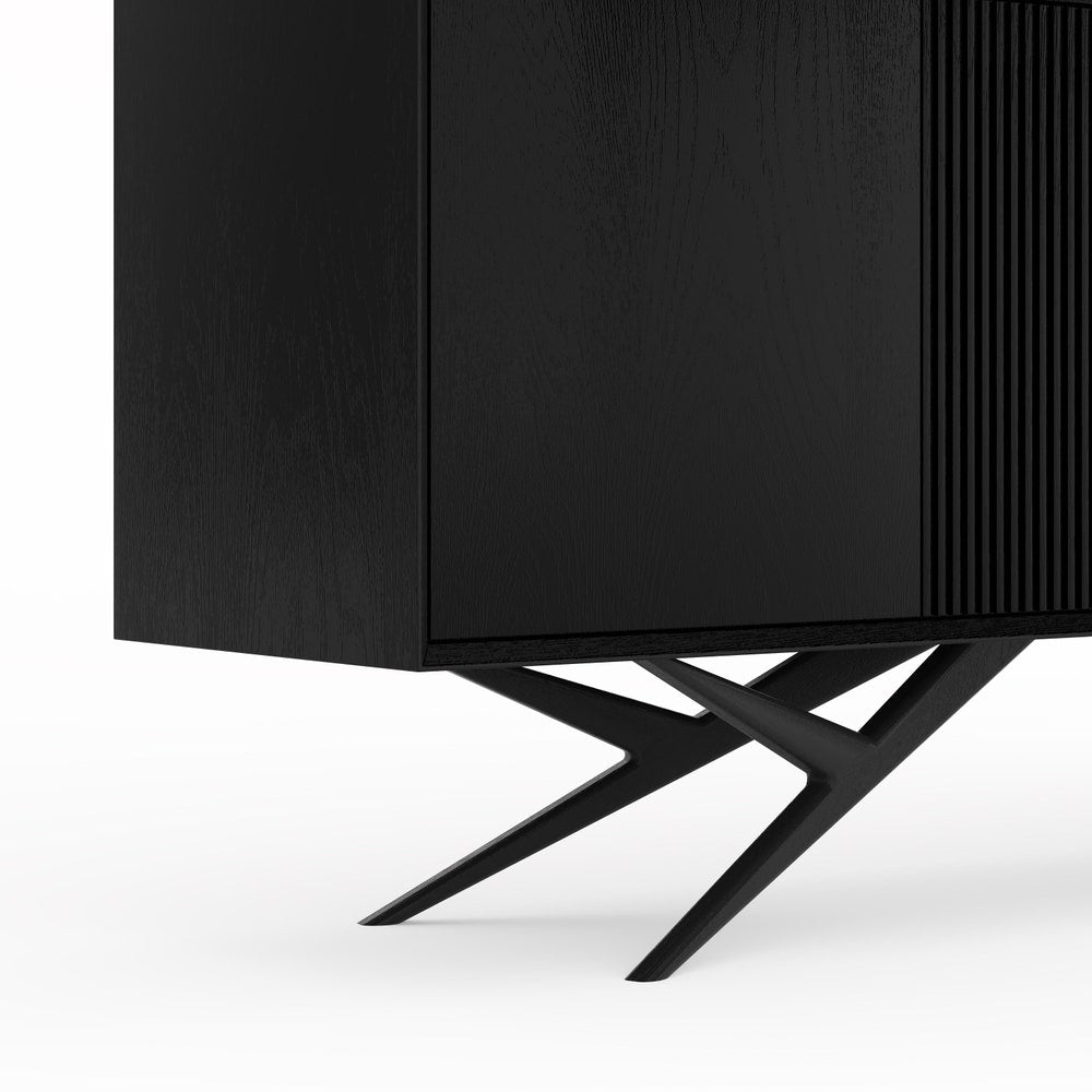 Black oak long sideboard with four slatted doors and organic shape base in mid century modern style, commode, TV stand, black media console