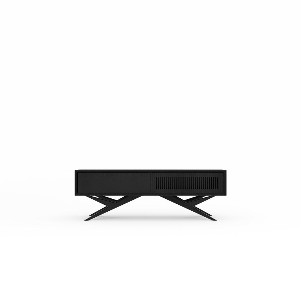 Black oak small lowboard, TV stand with slatted door one drawer and organic shape base in mid century modern style, credenza, dresser