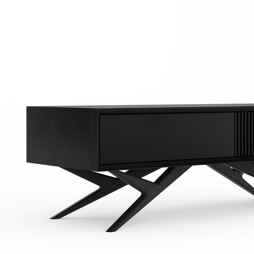 Black oak small lowboard, TV stand with slatted door one drawer and organic shape base in mid century modern style, credenza, dresser
