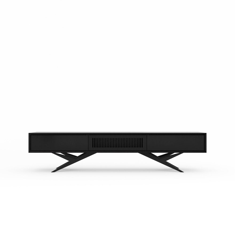 Black oak long tv stand with slatted door, two drawers and organic shape base in mid century modern style, lowboard, media console center