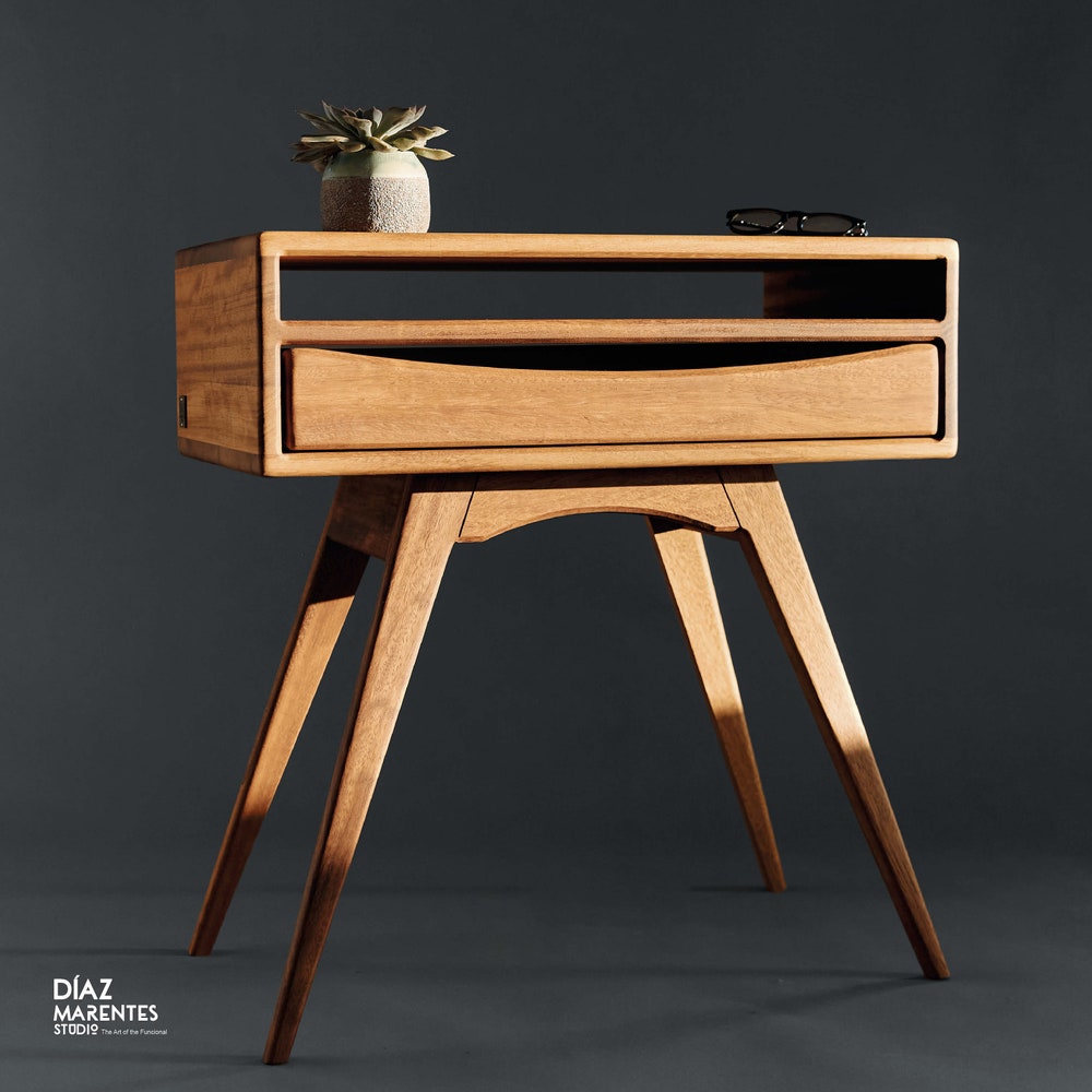 Wooden bedside table with storage Handcrafted wooden nightstand Scandinavian-inspired nightstand with storage Bedroom furniture Contemporary
