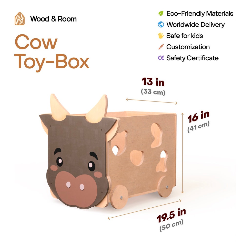 Wooden Box on Wheels, Baby and Toddler Toys Storage, Montessori furniture, Woodland Nursery, Cow Toy Box, Farm First Christmas Toddler Gift