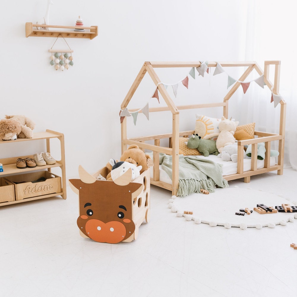 Wooden Box on Wheels, Baby and Toddler Toys Storage, Montessori furniture, Woodland Nursery, Cow Toy Box, Farm First Christmas Toddler Gift