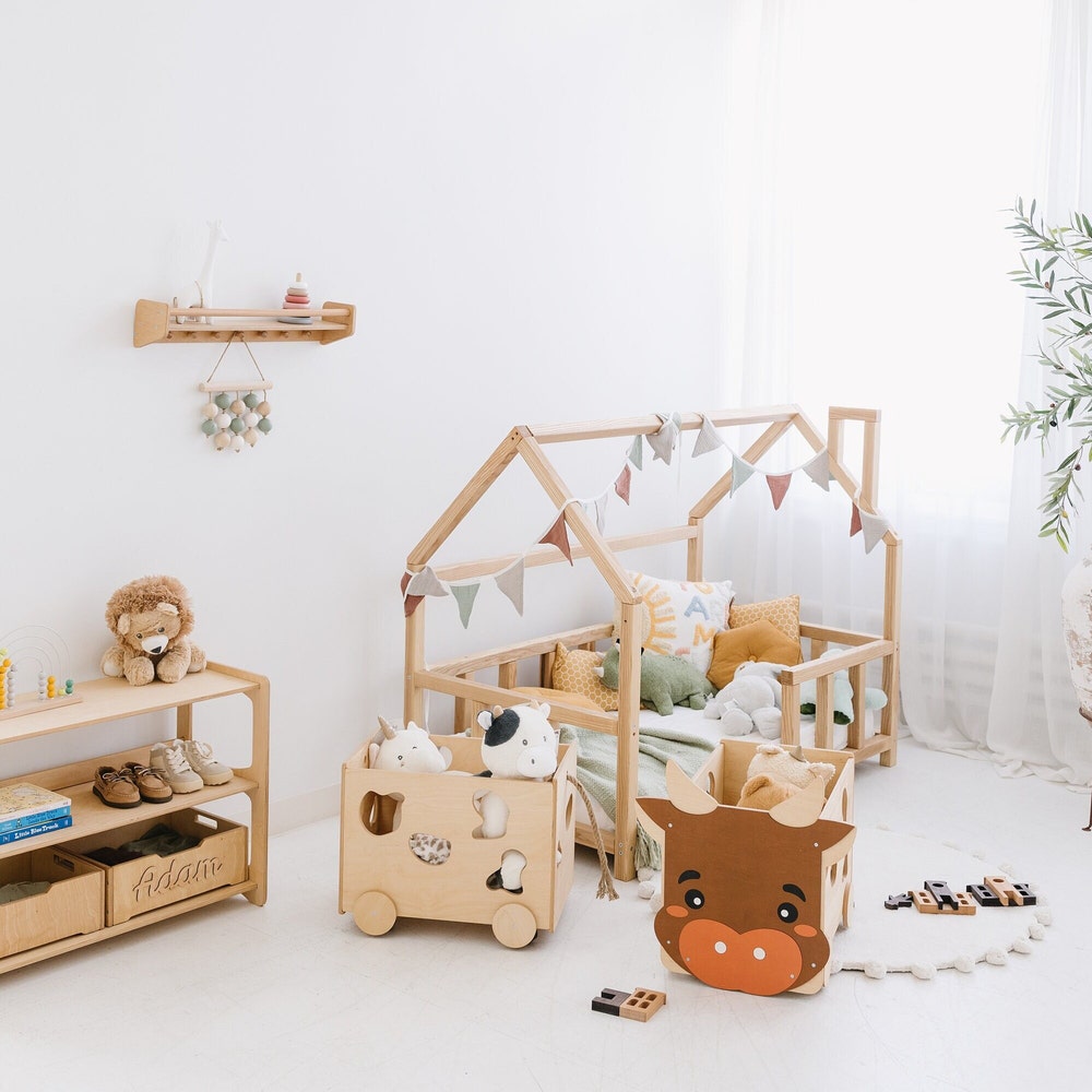 Wooden Box on Wheels, Baby and Toddler Toys Storage, Montessori furniture, Woodland Nursery, Cow Toy Box, Farm First Christmas Toddler Gift
