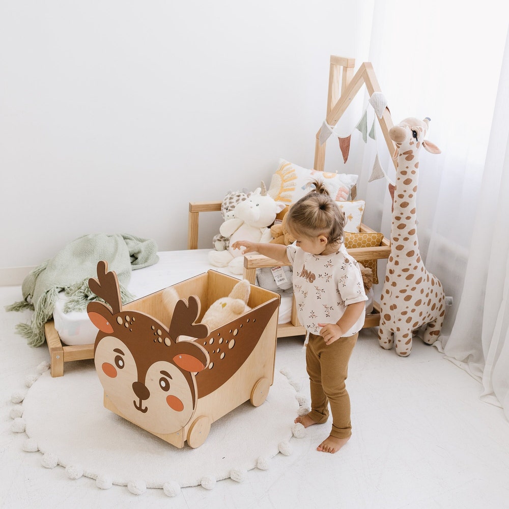 Wooden Box on Wheels, Baby and Toddler Toys Storage, Montessori furniture, Woodland Nursery, Cow Toy Box, Farm First Christmas Toddler Gift